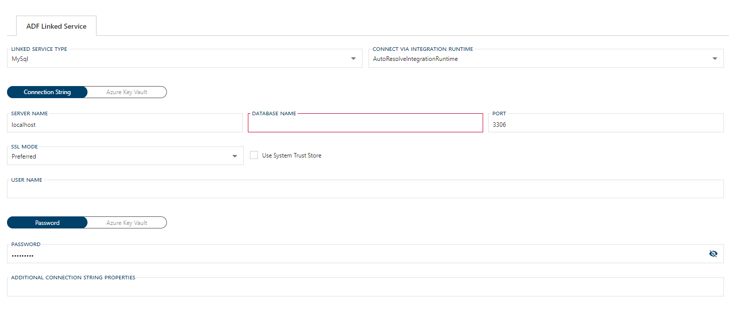 MySQL Linked Service Form MySQL Linked Service Form