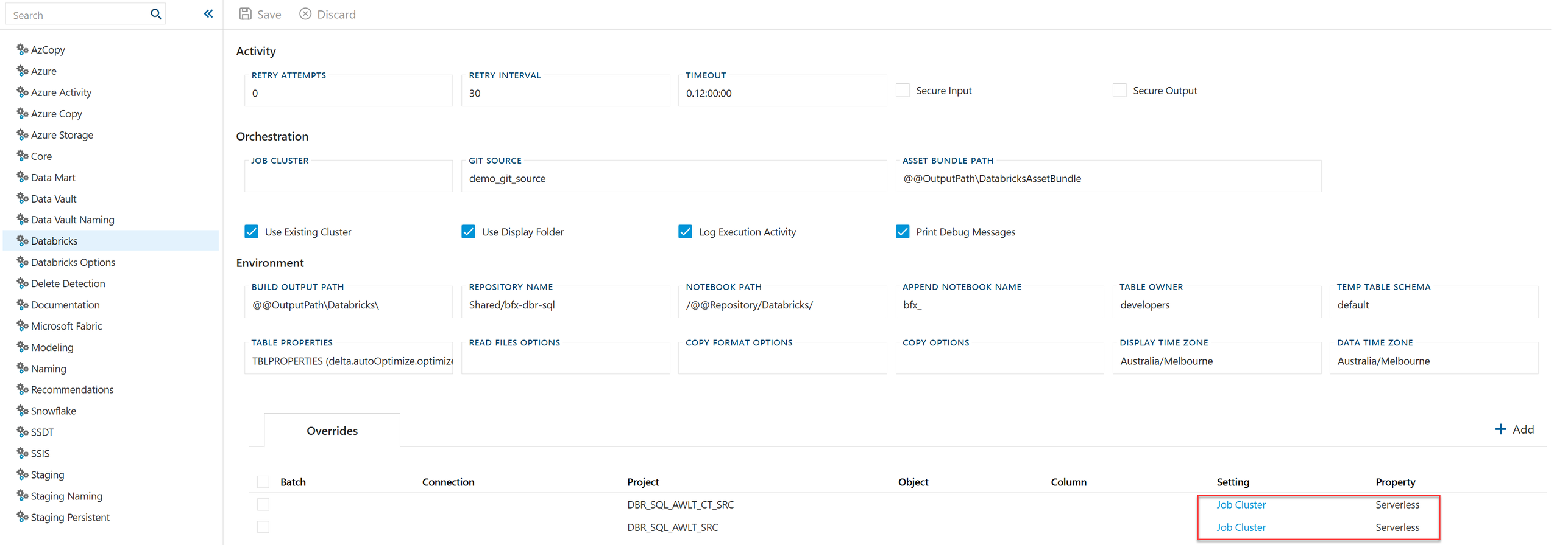 Databricks settings with per-project Job Cluster overrides set to Serverless