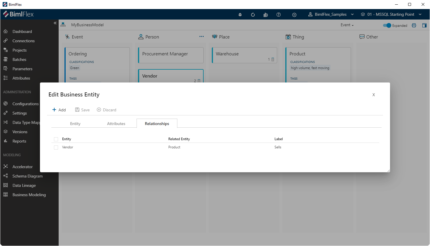 Viewing the Business Attributes for a Business Entity Viewing the relationships for a Business Entity