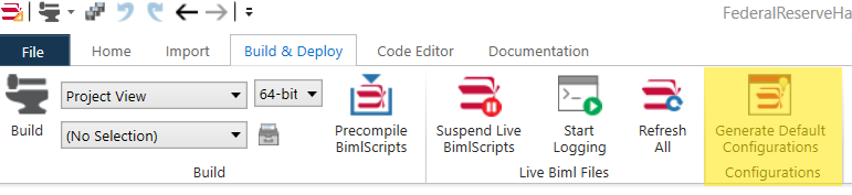 Build & Deploy Ribbon - Highlighted Default Configurations button